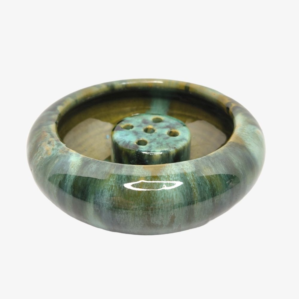 Antique Brush McCoy Green Onyx Flower Frog & Bowl